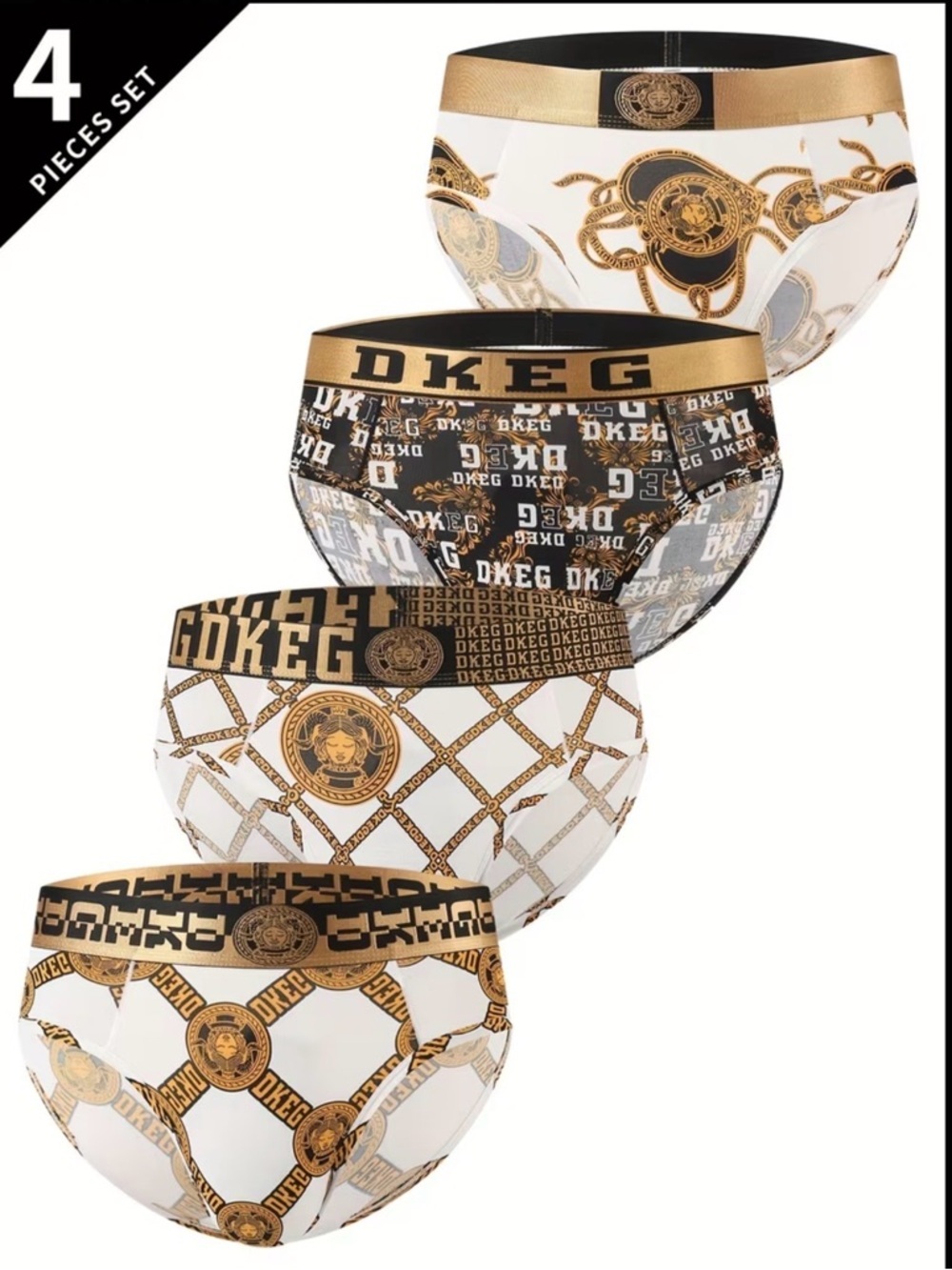 DKeg Gold & White Baroque Print Briefs - 4-Pack
